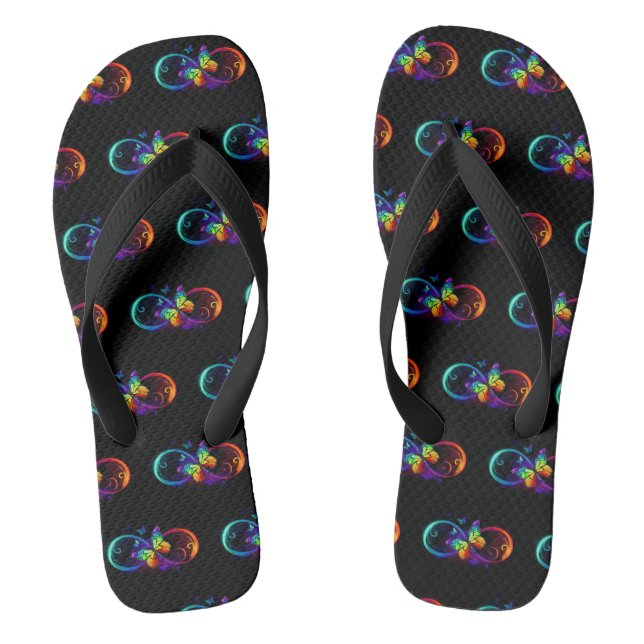 Vibrant infinity with rainbow butterfly on black flip flops (Footbed)