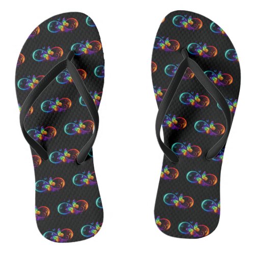 Vibrant infinity with rainbow butterfly on black flip flops