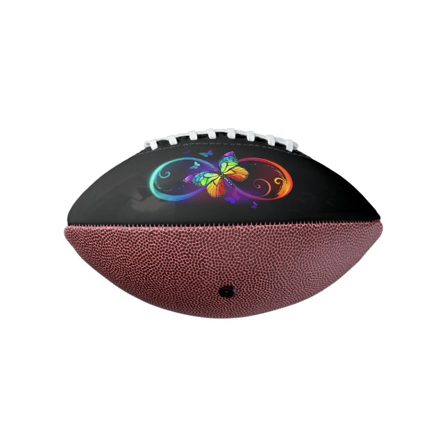 Vibrant infinity with rainbow butterfly on black football (Rotated 270)