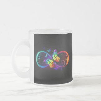 Vibrant infinity with rainbow butterfly on black frosted glass coffee mug