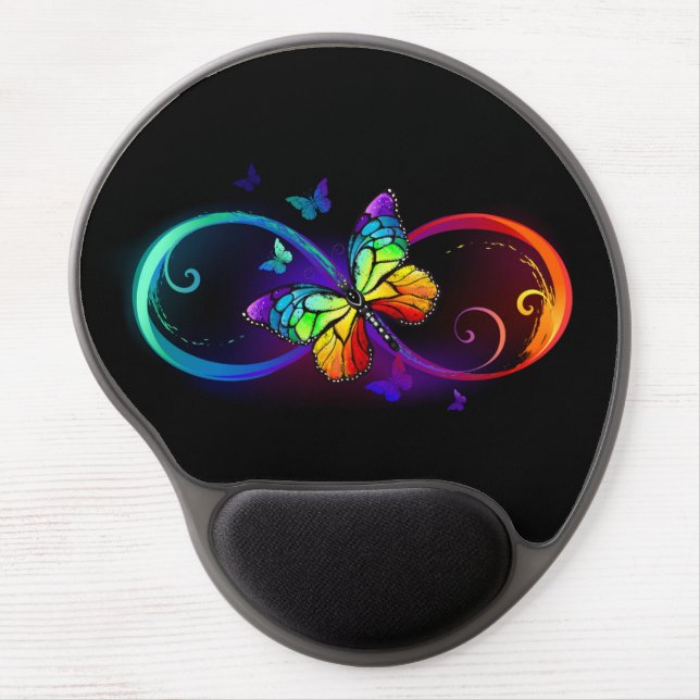 Vibrant infinity with rainbow butterfly on black gel mouse pad (Front)
