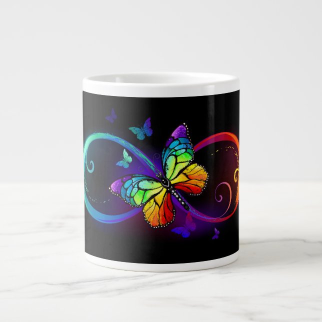 Vibrant infinity with rainbow butterfly on black  giant coffee mug (Front)