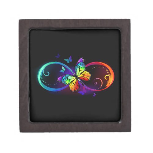 Vibrant infinity with rainbow butterfly on black gift box