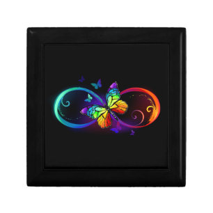 Vibrant infinity with rainbow butterfly on black gift box