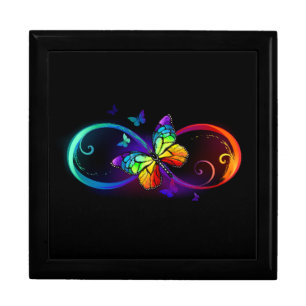 Vibrant infinity with rainbow butterfly on black gift box
