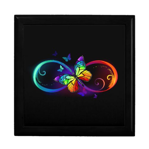 Vibrant infinity with rainbow butterfly on black gift box