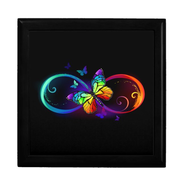 Vibrant infinity with rainbow butterfly on black gift box (Front)