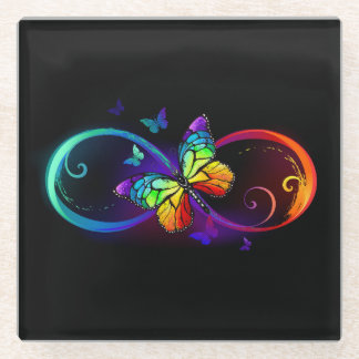 Vibrant infinity with rainbow butterfly on black glass coaster