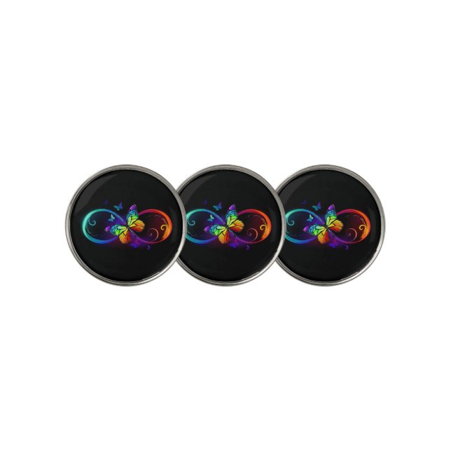 Vibrant infinity with rainbow butterfly on black golf ball marker (3 Up)