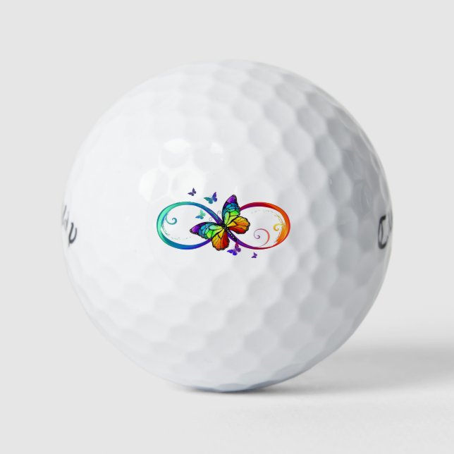 Vibrant infinity with rainbow butterfly on black golf balls (Front)