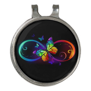 Vibrant infinity with rainbow butterfly on black golf hat clip