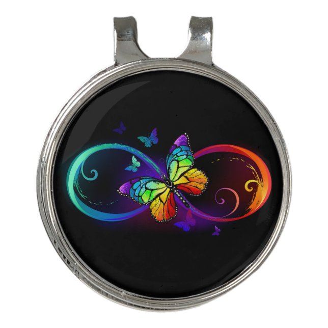 Vibrant infinity with rainbow butterfly on black golf hat clip (Front)