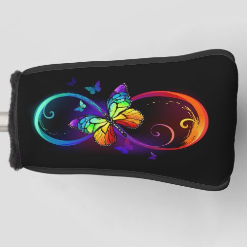 Vibrant infinity with rainbow butterfly on black golf head cover