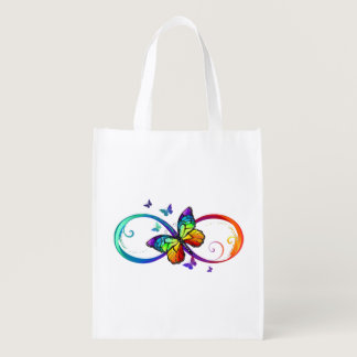Vibrant infinity with rainbow butterfly on black grocery bag