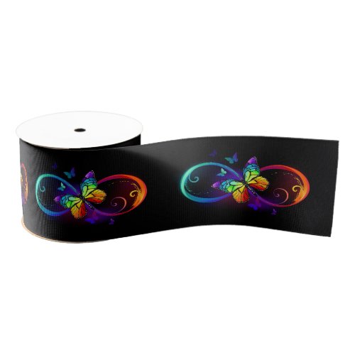 Vibrant infinity with rainbow butterfly on black grosgrain ribbon