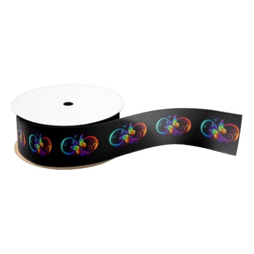 Vibrant infinity with rainbow butterfly on black grosgrain ribbon