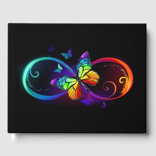Vibrant infinity with rainbow butterfly on black guest book