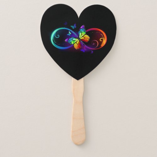 Vibrant infinity with rainbow butterfly on black hand fan