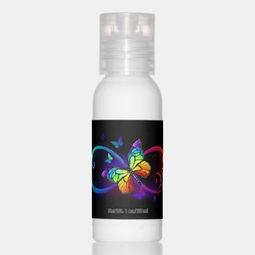 Vibrant infinity with rainbow butterfly on black hand lotion
