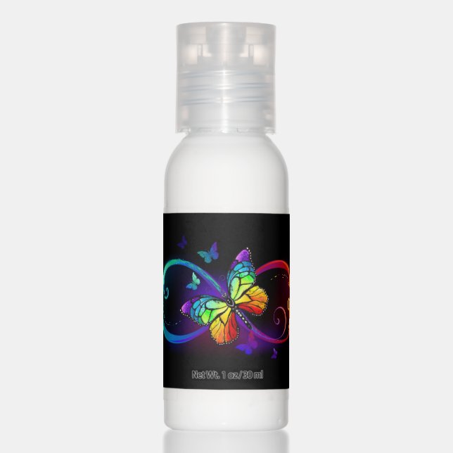 Vibrant infinity with rainbow butterfly on black hand lotion (Front)