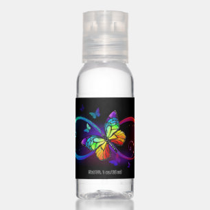 Vibrant infinity with rainbow butterfly on black hand sanitizer