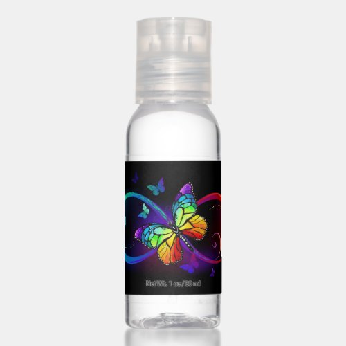 Vibrant infinity with rainbow butterfly on black hand sanitizer