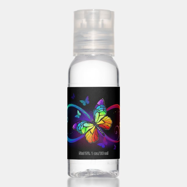 Vibrant infinity with rainbow butterfly on black hand sanitizer (Front)
