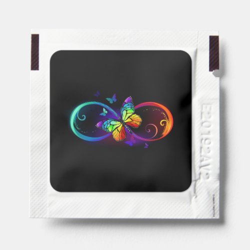 Vibrant infinity with rainbow butterfly on black hand sanitizer packet