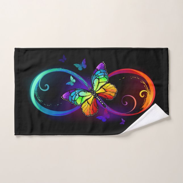 Vibrant infinity with rainbow butterfly on black hand towel  (Hand Towel)