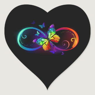 Vibrant infinity with rainbow butterfly on black  heart sticker