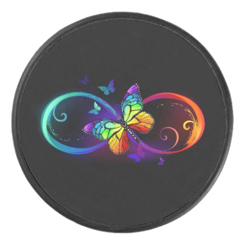 Vibrant infinity with rainbow butterfly on black hockey puck