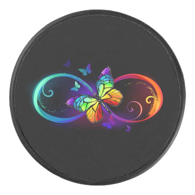 Vibrant infinity with rainbow butterfly on black hockey puck (Front)