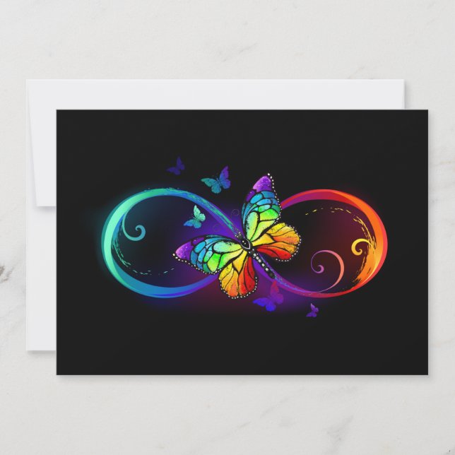 Vibrant infinity with rainbow butterfly on black holiday card (Front)