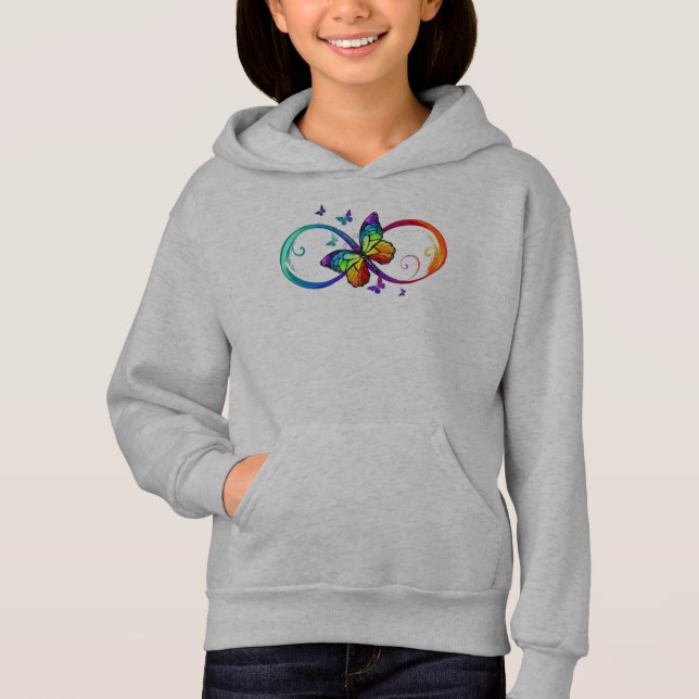 Vibrant infinity with rainbow butterfly on black hoodie (Front)