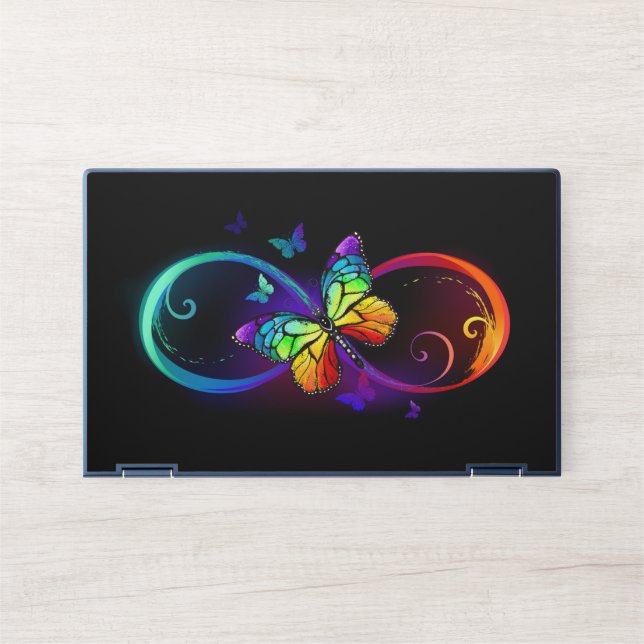 Vibrant infinity with rainbow butterfly on black HP laptop skin (Front)