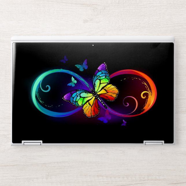 Vibrant infinity with rainbow butterfly on black HP laptop skin (Front)