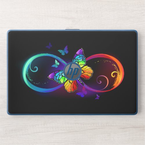Vibrant infinity with rainbow butterfly on black  HP laptop skin