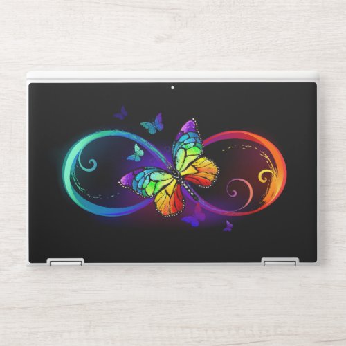 Vibrant infinity with rainbow butterfly on black HP laptop skin