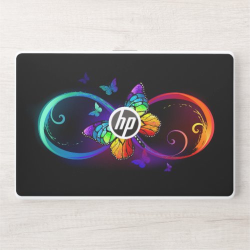 Vibrant infinity with rainbow butterfly on black HP laptop skin