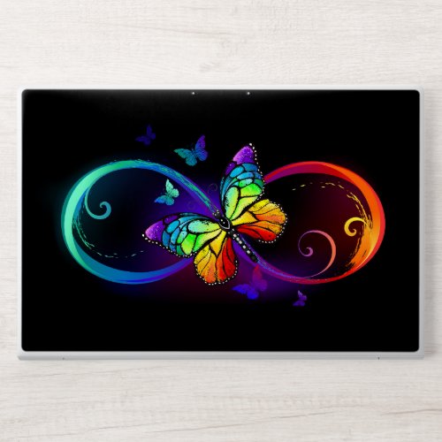 Vibrant infinity with rainbow butterfly on black HP laptop skin