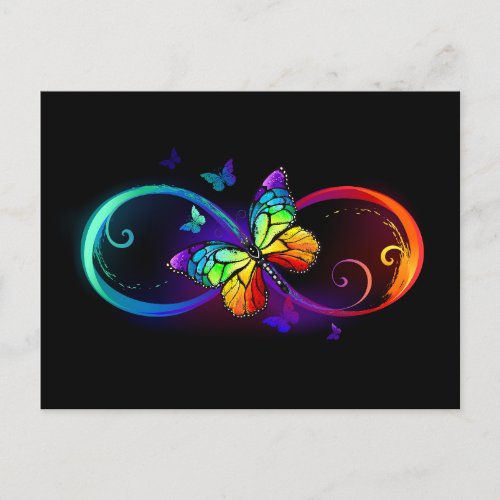 Vibrant infinity with rainbow butterfly on black invitation postcard