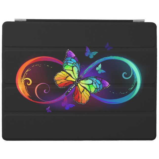 Vibrant infinity with rainbow butterfly on black iPad smart cover (Horizontal)