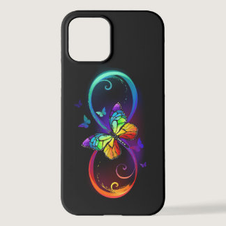 Vibrant infinity with rainbow butterfly on black iPhone 12 case