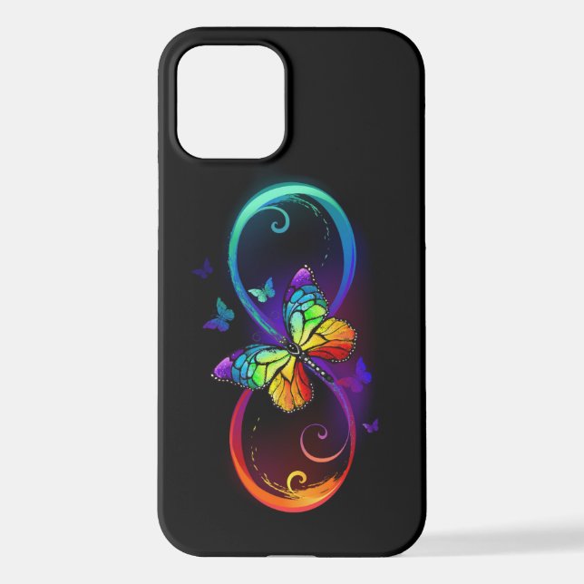 Vibrant infinity with rainbow butterfly on black iPhone case (Back)