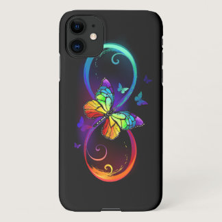Vibrant infinity with rainbow butterfly on black iPhone 11 case