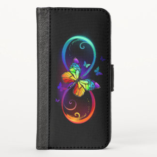 Vibrant infinity with rainbow butterfly on black iPhone x wallet case