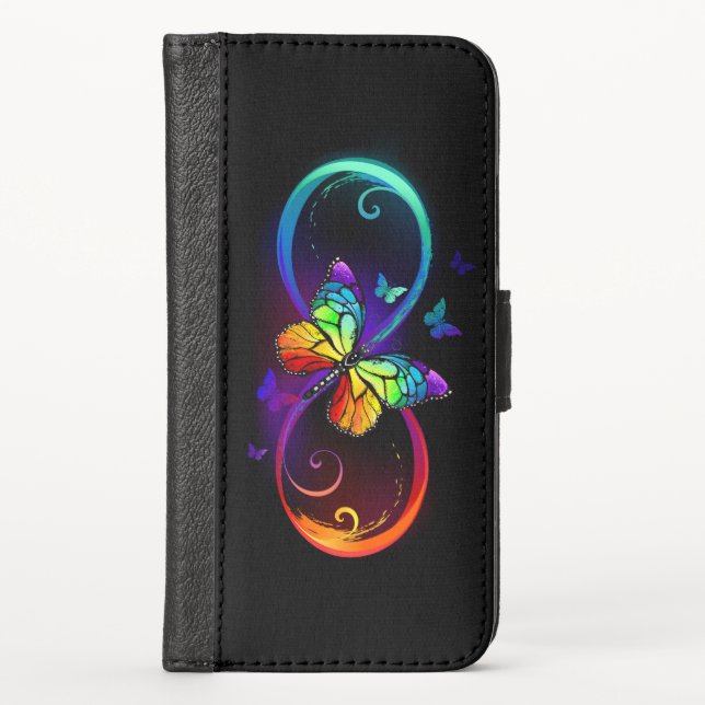 Vibrant infinity with rainbow butterfly on black iPhone wallet case (Front)