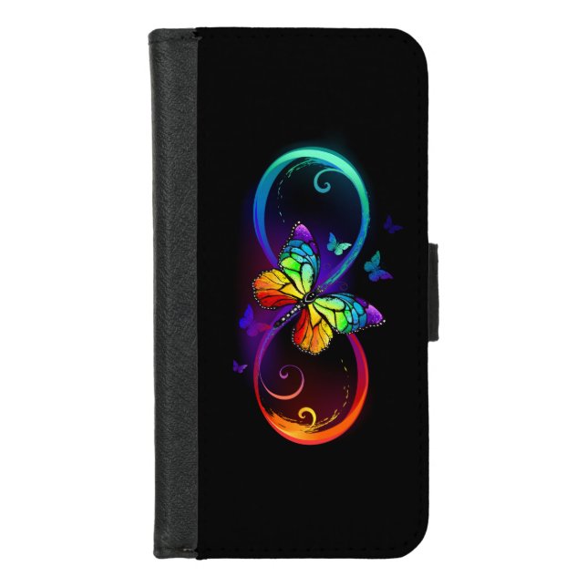 Vibrant infinity with rainbow butterfly on black iPhone wallet case (Front)