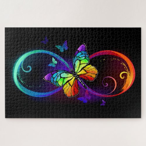 Vibrant infinity with rainbow butterfly on black jigsaw puzzle