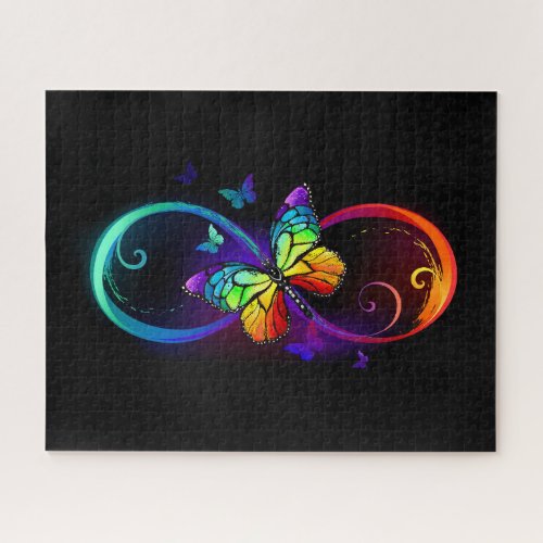 Vibrant infinity with rainbow butterfly on black  jigsaw puzzle